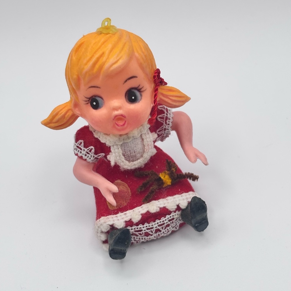 Vintage Christmas Girl Ornament Plastic Felt 1950s